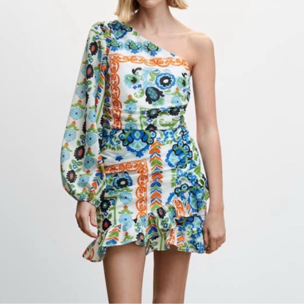 Mango Asymmetrical Pleated Off Shoulder Dress